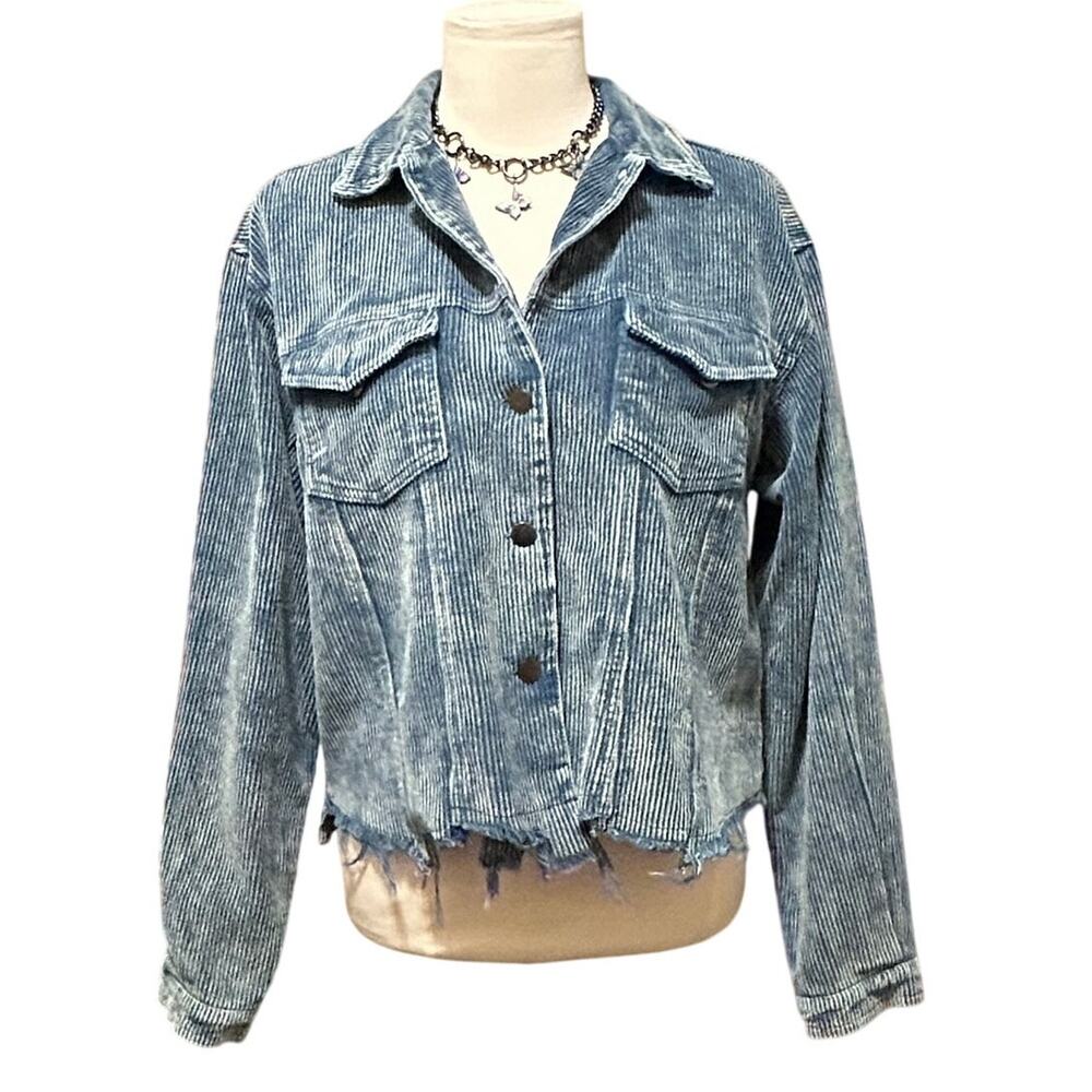 POL Corduroy Jacket Blue Distressed Raw Hem Shacket Woman's S